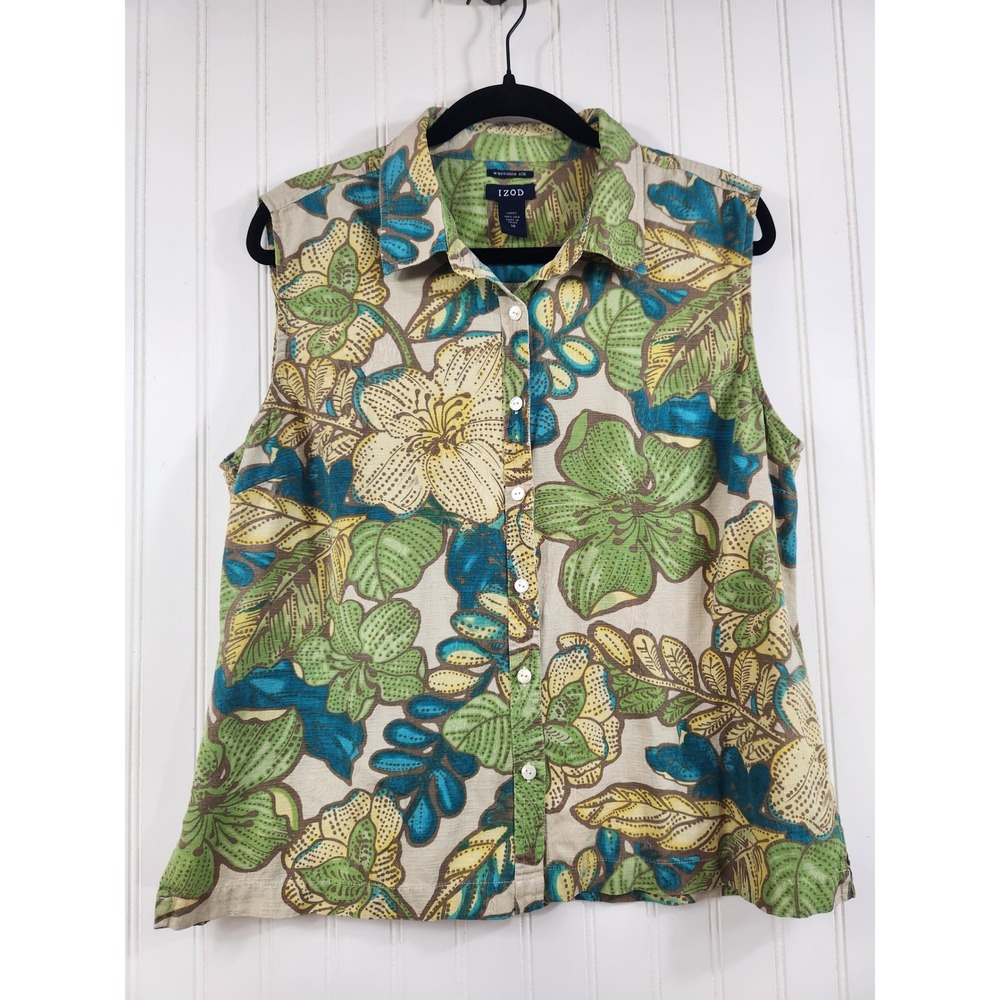 Izod Womens Green Floral Washable 100% Silk Sleeveless Button Down Shirt Size 16